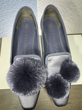 Tory Burch Holiday Satin Pom Pom Flats Gray Blue 5.5